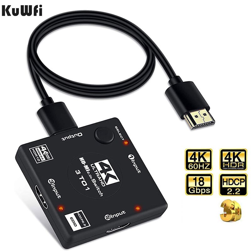 KuWFi-HDMI ġ, 3  1 ƿ HDMI ó 4K/60Hz TV ڽ PS4 ġ HDMI 4K Ʈѷ HDMI ̺